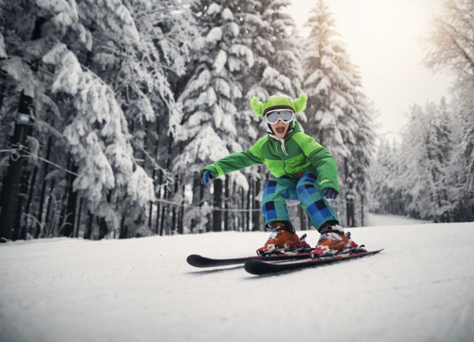 Little boy skiing fast on a beautiful winter day